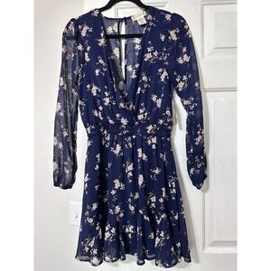 Altar'd State Women's Navy Blue Mini Dress Floral Print Plunge V Neckline Size S